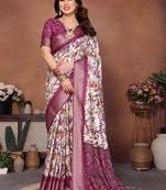 Wine and off white coton silk digital print saree
