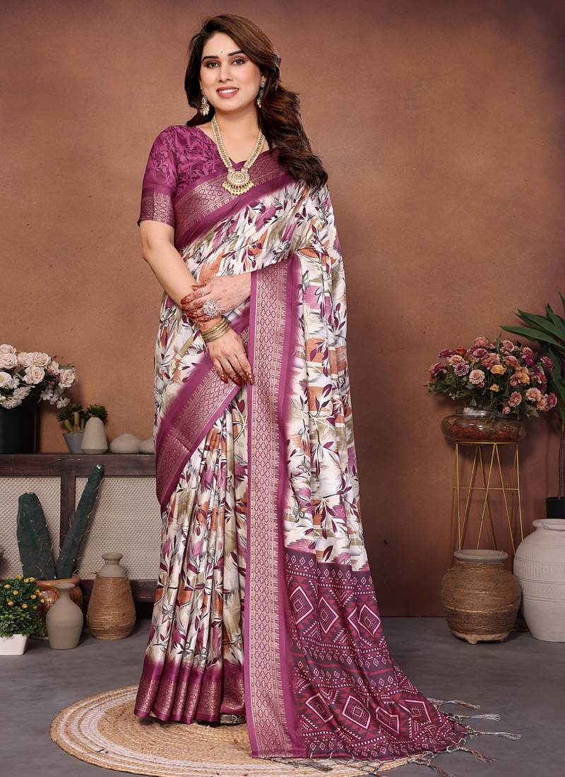 Wine and off white coton silk digital print designer saree