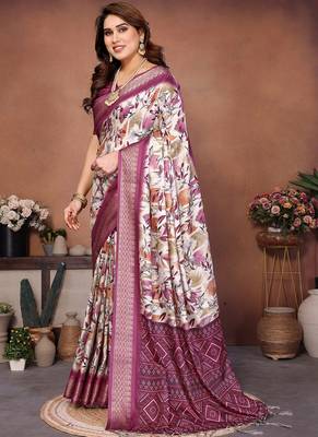Wine and off white coton silk digital print saree 2