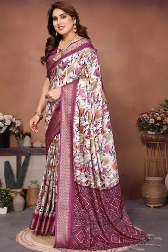Wine and off white coton silk digital print saree