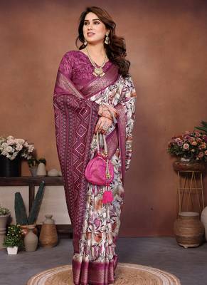 Wine and off white coton silk digital print saree 3