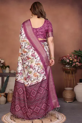 Wine and off white coton silk digital print saree
