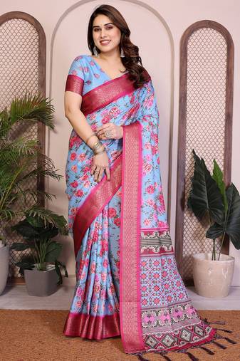 Sky blue cotton silk floral print designer saree