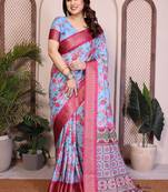 Sky blue cotton silk floral print designer saree