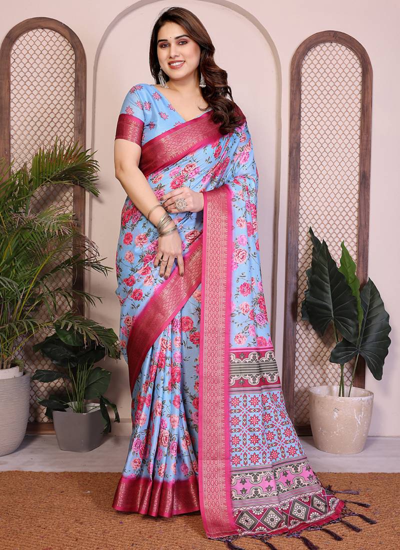 Sky blue cotton silk floral print designer saree