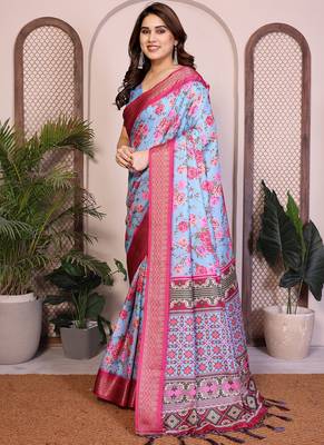 Sky blue cotton silk floral print saree 2