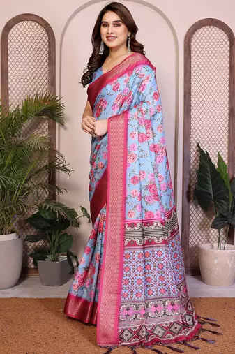 Sky blue cotton silk floral print saree