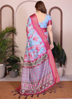 Sky blue cotton silk floral print saree 3