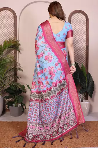 Sky blue cotton silk floral print saree