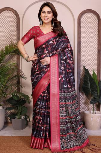 Black cotton silk floral print designer saree