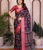 Black cotton silk floral print designer saree