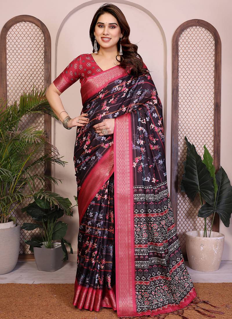 Black cotton silk floral print designer saree