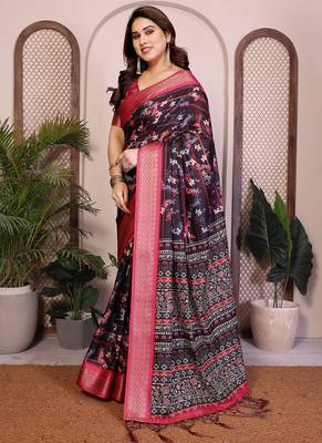 Black cotton silk floral print saree 2