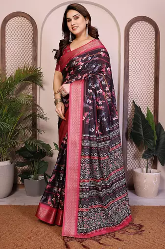 Black cotton silk floral print saree