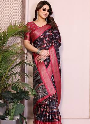 Black cotton silk floral print saree 3