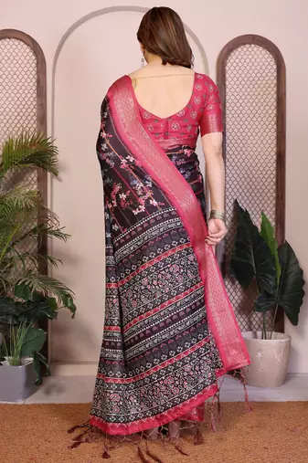Black cotton silk floral print saree