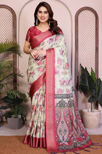 Off white cotton silk floral print designer saree