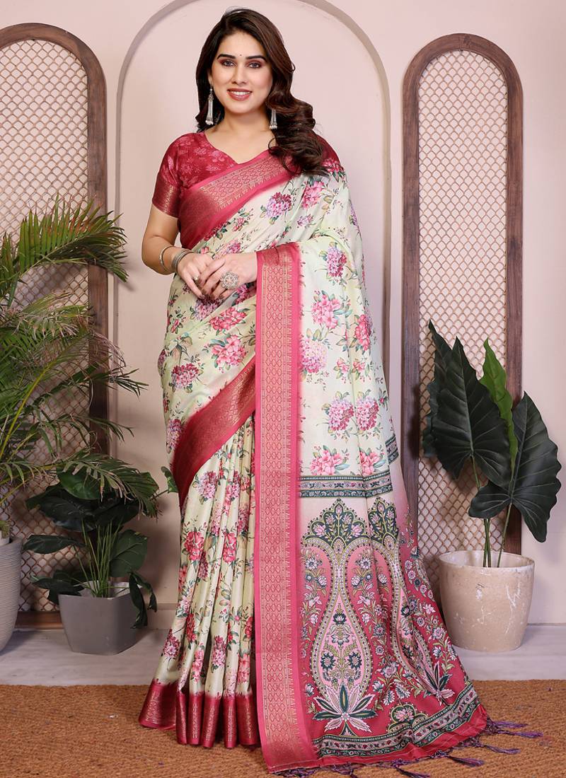 Off white cotton silk floral print designer saree