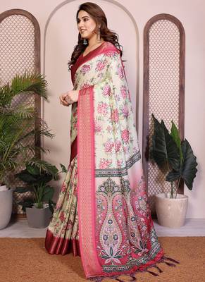 Off white cotton silk floral print saree 2