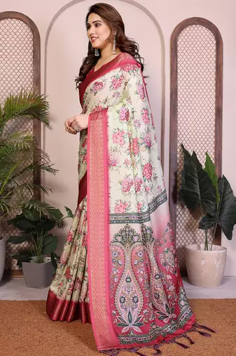 Off white cotton silk floral print saree