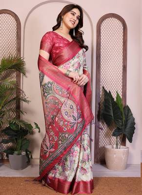 Off white cotton silk floral print saree 3