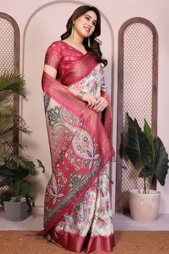 Off white cotton silk floral print saree
