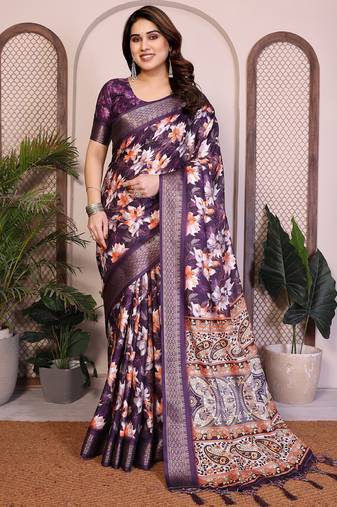 Purple cotton silk floral print designer saree