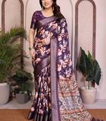 Purple cotton silk floral print designer saree