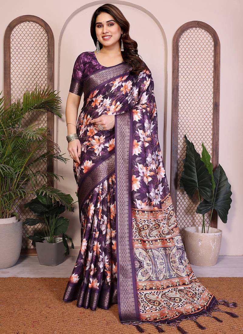Purple cotton silk floral print designer saree
