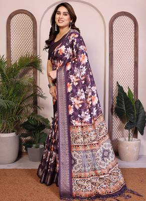 Purple cotton silk floral print saree 2