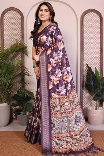 Purple cotton silk floral print saree