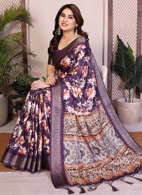Purple cotton silk floral print saree 3