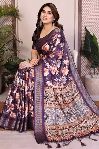 Purple cotton silk floral print saree