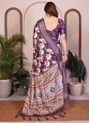 Purple cotton silk floral print saree 4