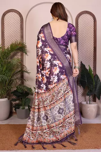 Purple cotton silk floral print saree