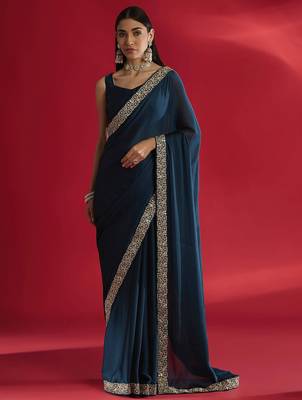 Blue rangoli silk embroidered lace work party wear saree 1
