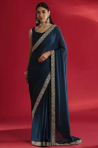 Blue rangoli silk embroidered lace work party wear saree