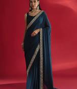Blue rangoli silk embroidered lace work party wear saree
