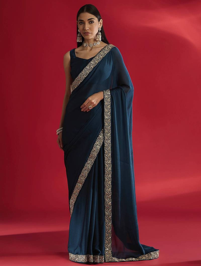 Blue rangoli silk embroidered lace work party wear saree