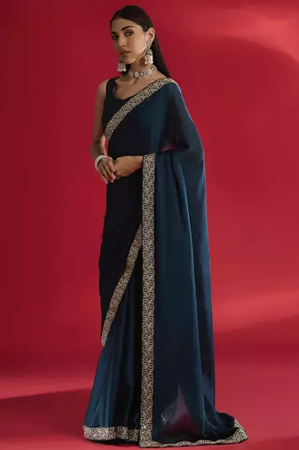 Blue rangoli silk embroidered lace work party wear saree