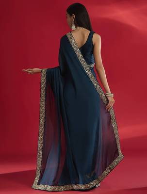 Blue rangoli silk embroidered lace work party wear saree 3