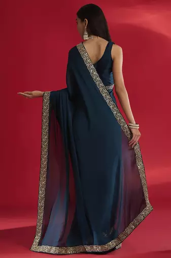 Blue rangoli silk embroidered lace work party wear saree