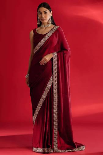 Maroon rangoli silk embroidered lace work party wear saree