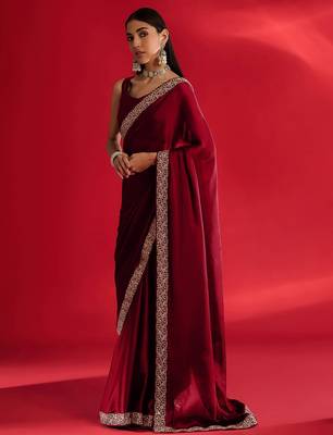 Maroon rangoli silk embroidered lace work party wear saree 2