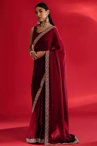 Maroon rangoli silk embroidered lace work party wear saree