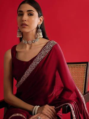Maroon rangoli silk embroidered lace work party wear saree 3