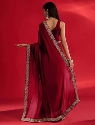 Maroon rangoli silk embroidered lace work party wear saree 4