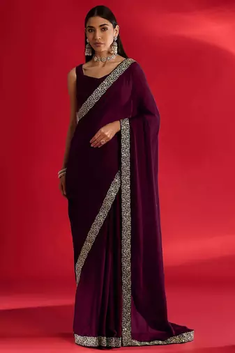 Wine rangoli silk embroidered lace work party wear saree