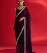 Wine rangoli silk embroidered lace work party wear saree