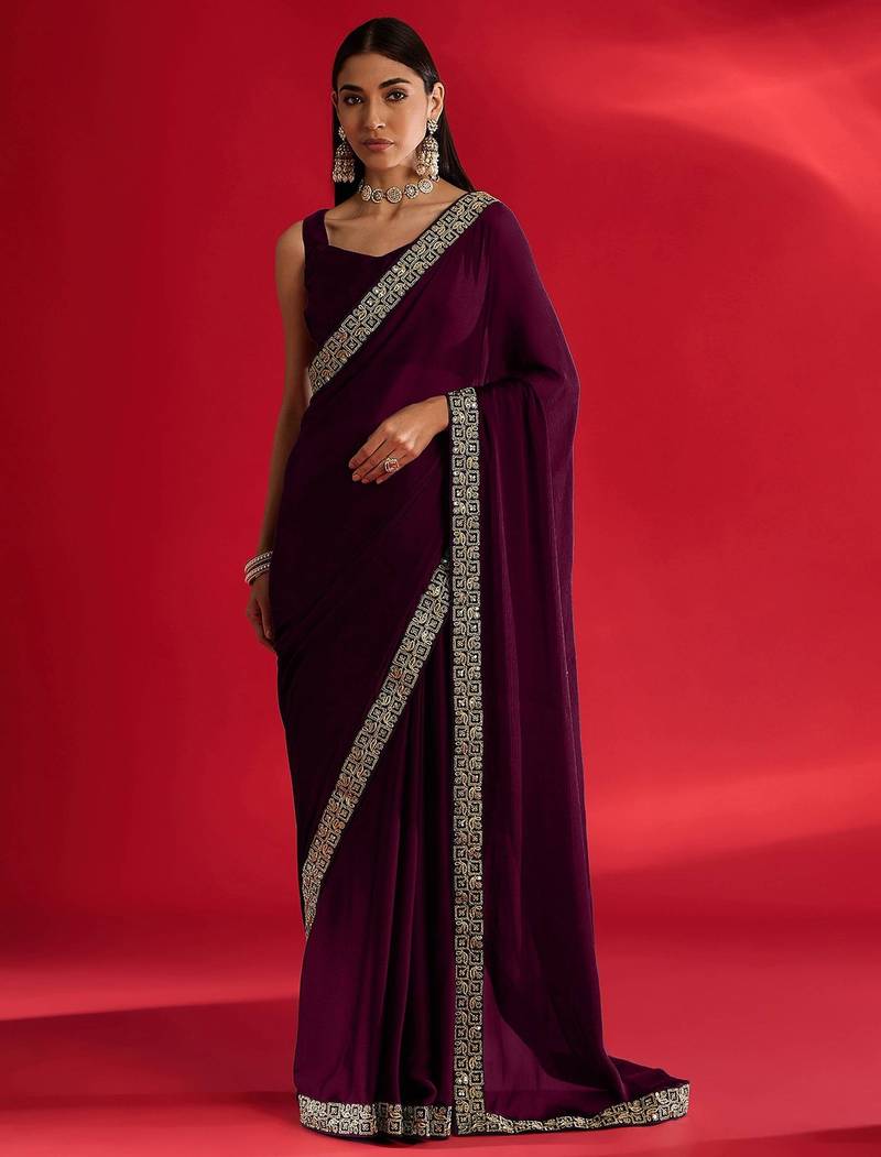 Wine rangoli silk embroidered lace work party wear saree